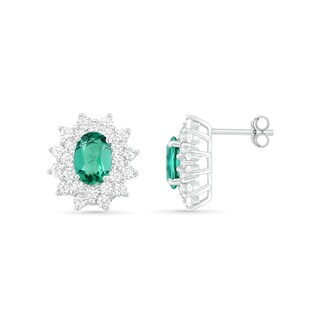 Oval Lab-Created Emerald and White Sapphire Sunburst Double Frame Stud Earrings in Sterling Silver
