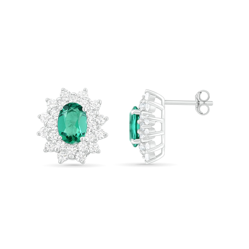 Main Image 2 of Oval Lab-Created Emerald and White Sapphire Sunburst Double Frame Stud Earrings in Sterling Silver