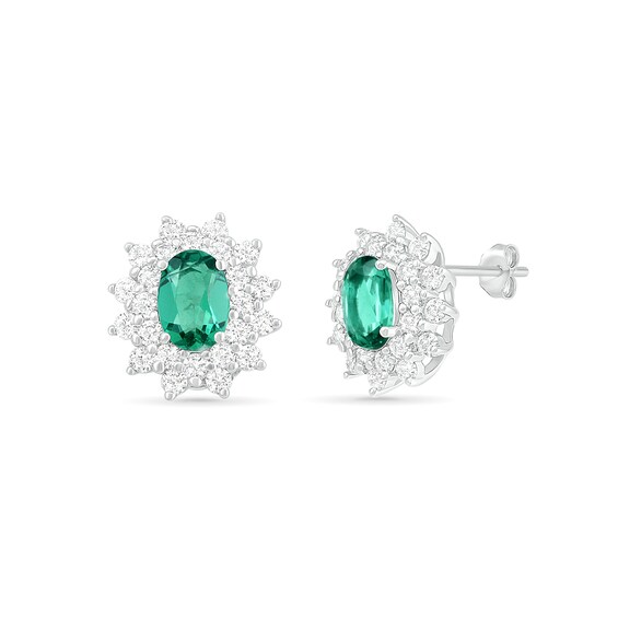 Oval Lab-Created Emerald and White Sapphire Sunburst Double Frame Stud Earrings in Sterling Silver
