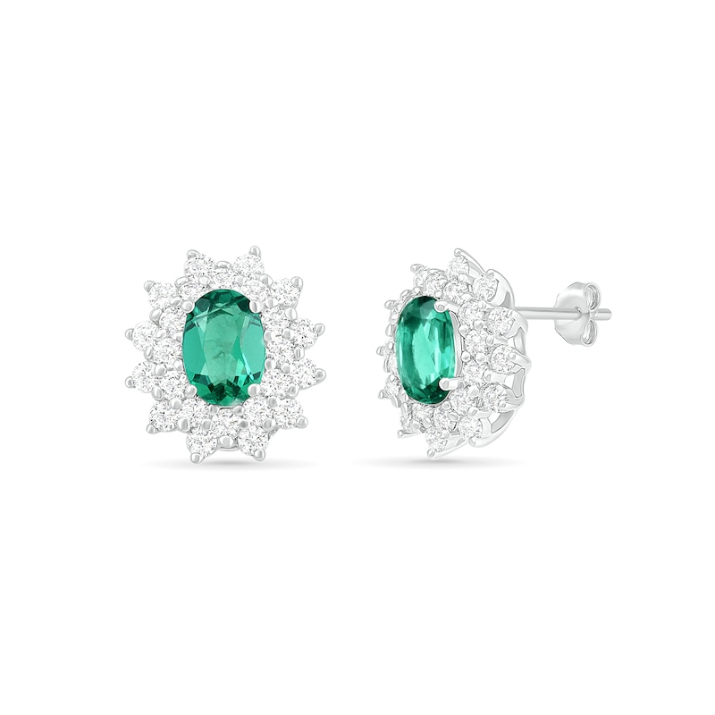 Main Image 3 of Oval Lab-Created Emerald and White Sapphire Sunburst Double Frame Stud Earrings in Sterling Silver
