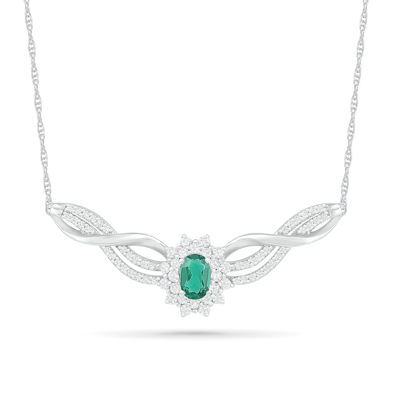Oval Lab-Created Emerald and White Sapphire Starburst Frame Triple Row Twist Ribbon Necklace in Sterling Silver