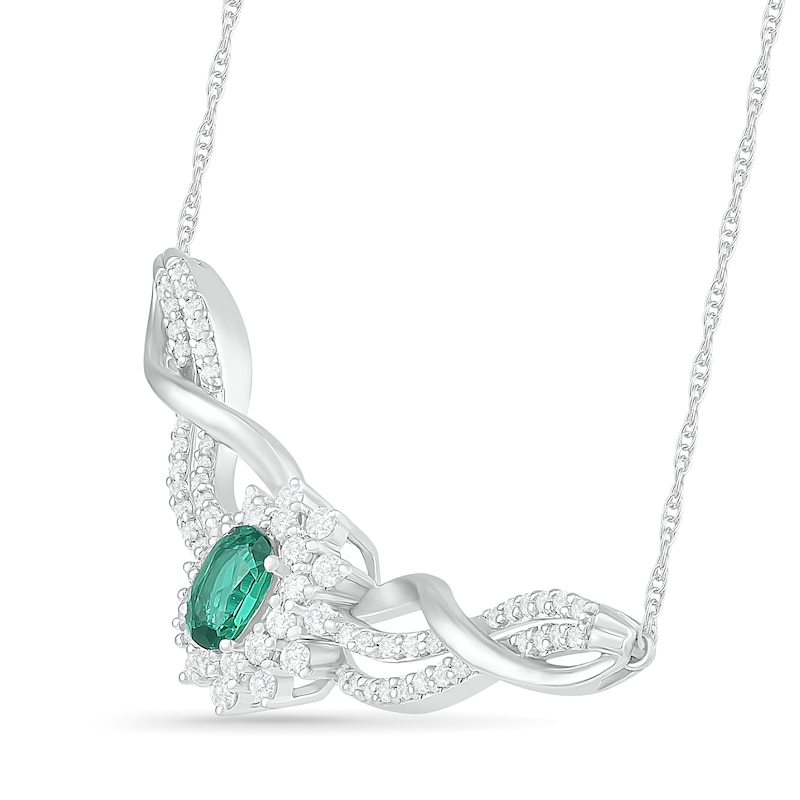 Oval Lab-Created Emerald and White Sapphire Starburst Frame Triple Row Twist Ribbon Necklace in Sterling Silver