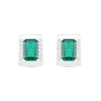 Emerald-Cut Lab-Created Emerald and White Sapphire Bar Frame Stud Earrings in Sterling Silver