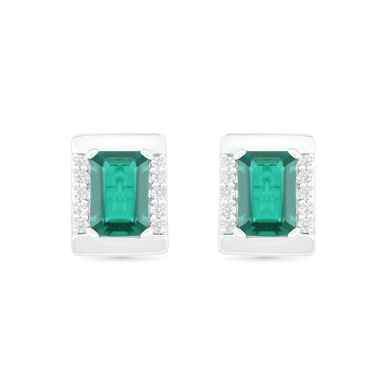 Main Image 1 of Emerald-Cut Lab-Created Emerald and White Sapphire Bar Frame Stud Earrings in Sterling Silver