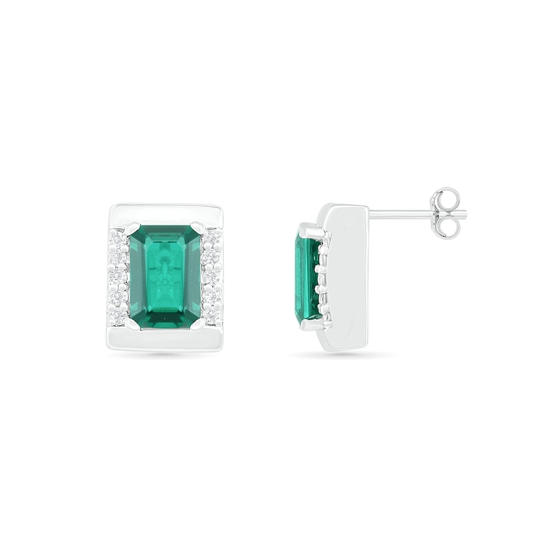 Main Image 2 of Emerald-Cut Lab-Created Emerald and White Sapphire Bar Frame Stud Earrings in Sterling Silver