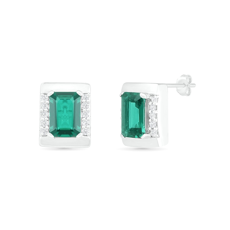 Main Image 3 of Emerald-Cut Lab-Created Emerald and White Sapphire Bar Frame Stud Earrings in Sterling Silver