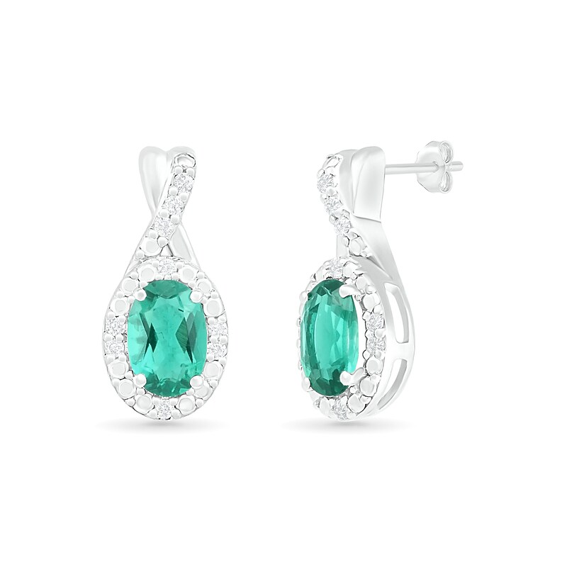 Main Image 3 of Oval Lab-Created Emerald and 0.067 CT. T.W. Diamond Frame Twist Drop Earrings in Sterling Silver
