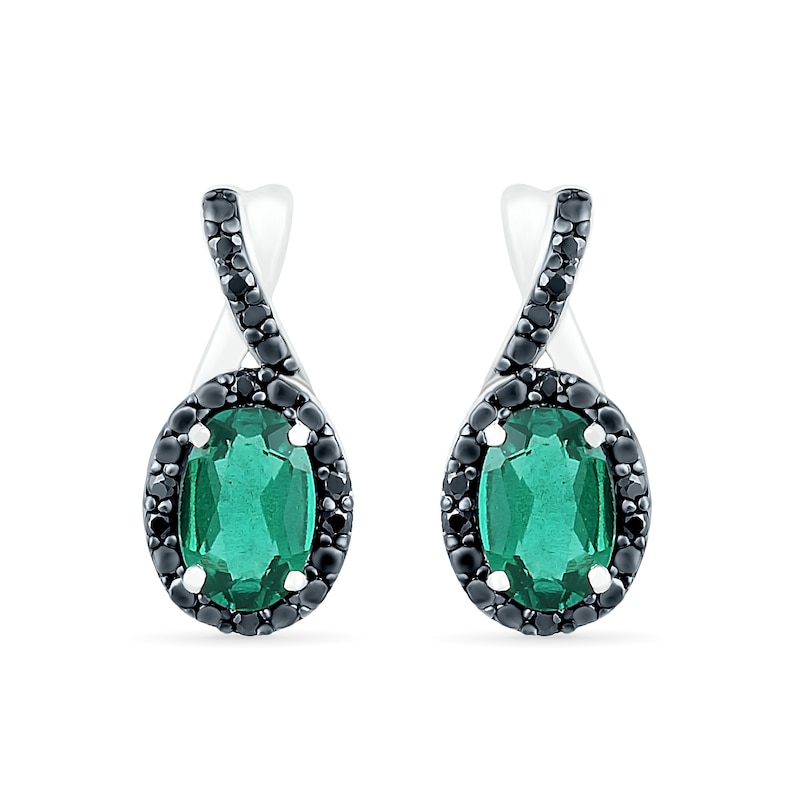 Main Image 1 of Oval Lab-Created Emerald and 0.085 CT. T.W. Black Enhanced Diamond Frame Twist Drop Earrings in Sterling Silver