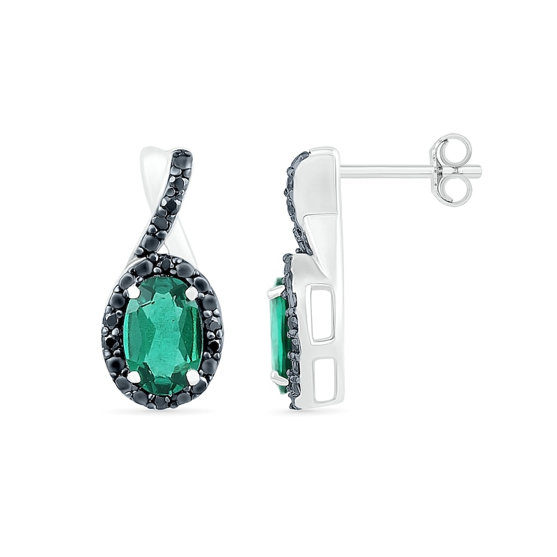 Main Image 2 of Oval Lab-Created Emerald and 0.085 CT. T.W. Black Enhanced Diamond Frame Twist Drop Earrings in Sterling Silver