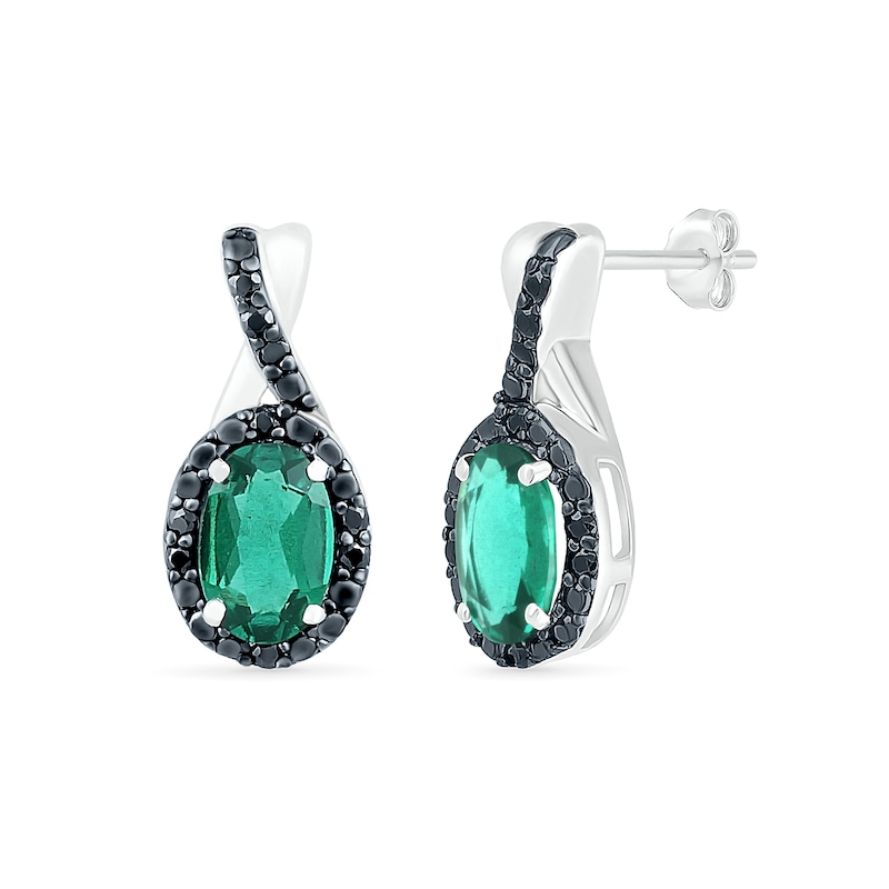 Oval Lab-Created Emerald and 0.085 CT. T.W. Black Enhanced Diamond Frame Twist Drop Earrings in Sterling Silver