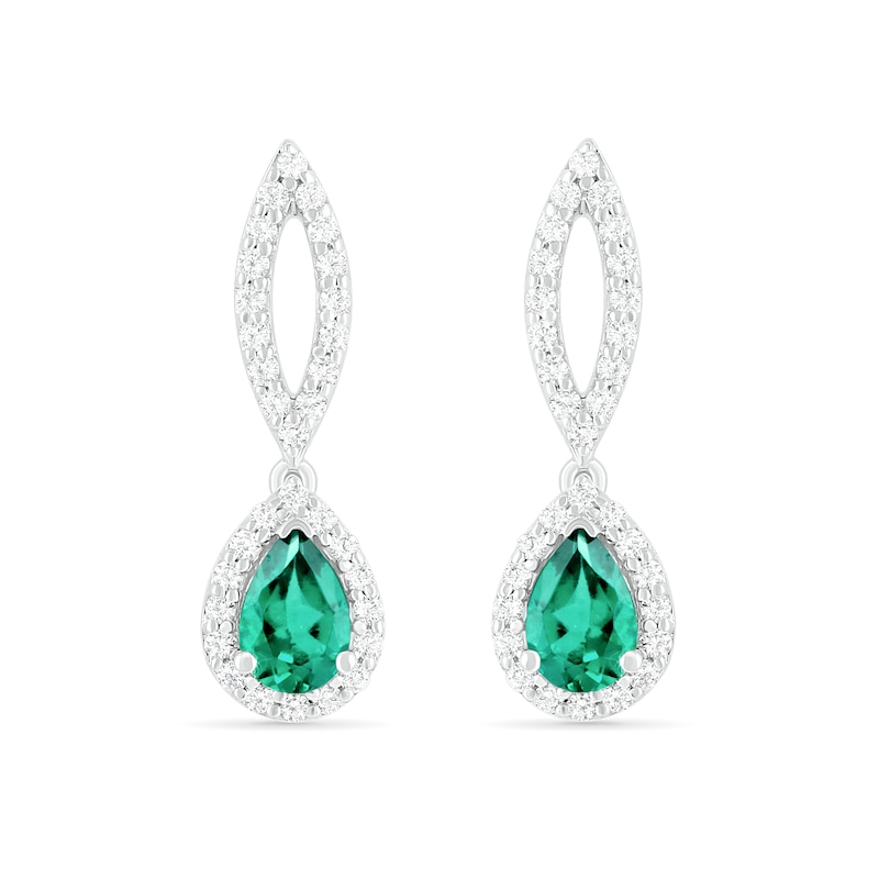 Main Image 1 of Pear-Shaped Lab-Created Emerald and White Sapphire Frame Open Marquise Drop Earrings in Sterling Silver