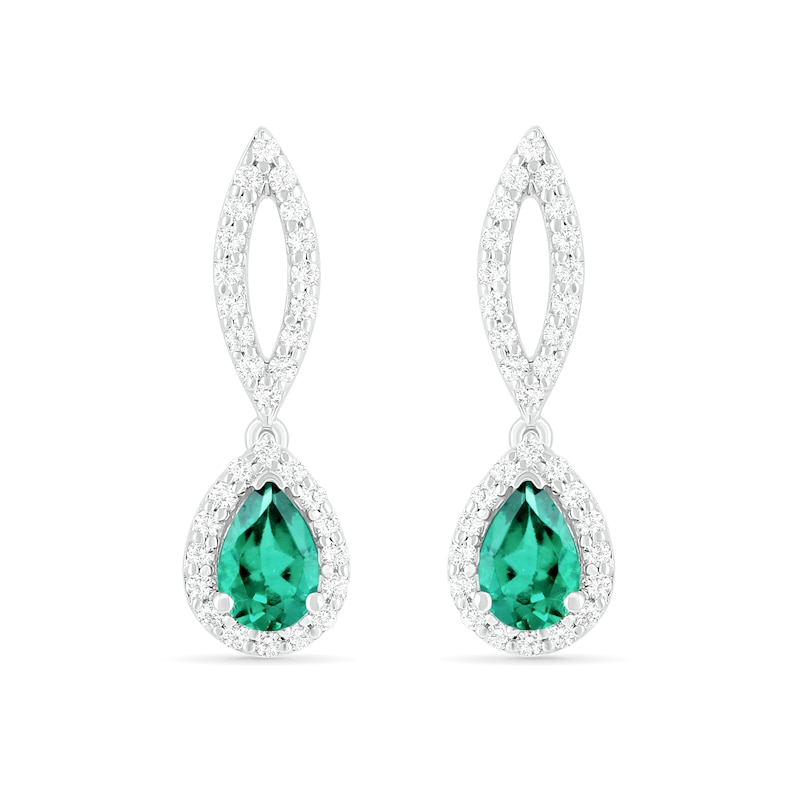 Pear-Shaped Lab-Created Emerald and White Sapphire Frame Open Marquise Drop Earrings in Sterling Silver