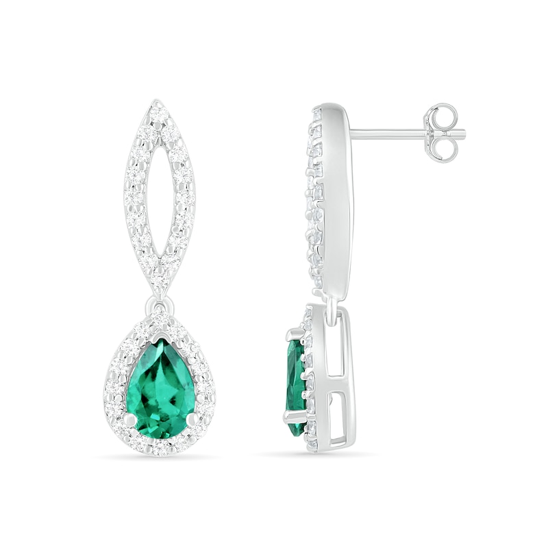 Pear-Shaped Lab-Created Emerald and White Sapphire Frame Open Marquise Drop Earrings in Sterling Silver