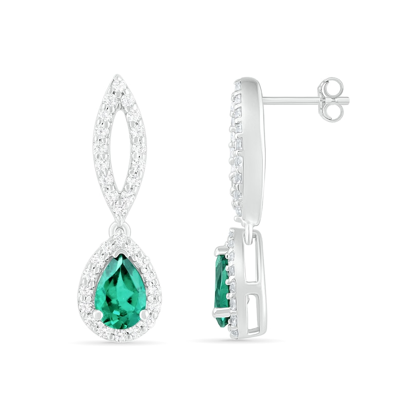 Main Image 2 of Pear-Shaped Lab-Created Emerald and White Sapphire Frame Open Marquise Drop Earrings in Sterling Silver