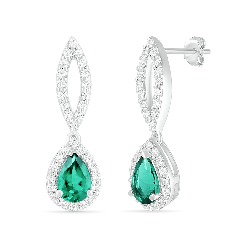 Main Image 3 of Pear-Shaped Lab-Created Emerald and White Sapphire Frame Open Marquise Drop Earrings in Sterling Silver