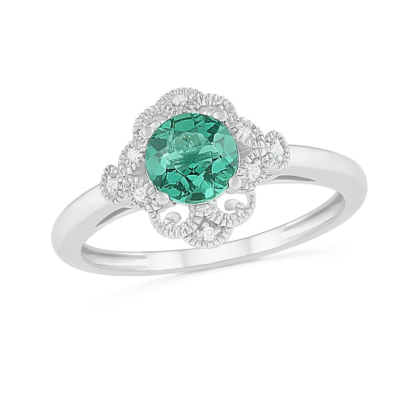 6.0mm Lab-Created Emerald and Diamond Accent Ornate Frame Vintage-Style Ring in Sterling Silver