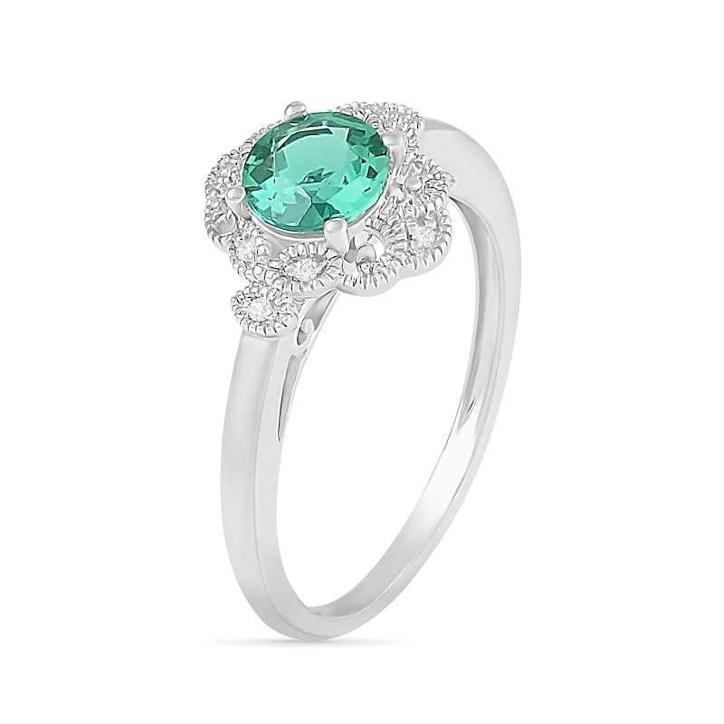 6.0mm Lab-Created Emerald and Diamond Accent Ornate Frame Vintage-Style Ring in Sterling Silver