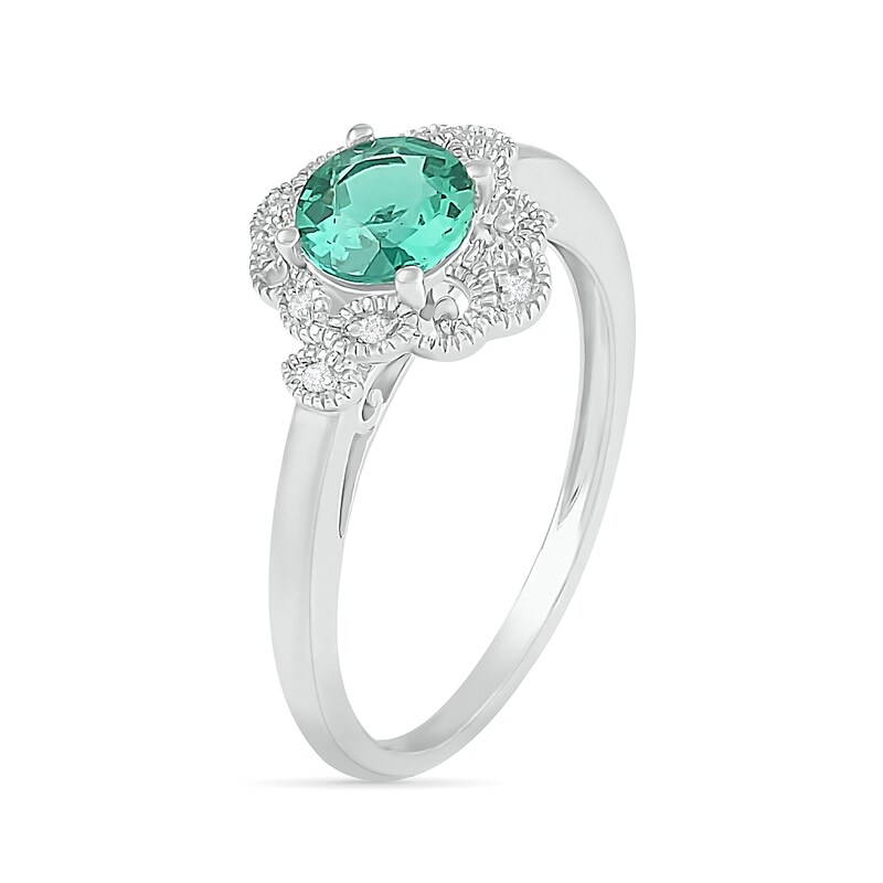 Main Image 2 of 6.0mm Lab-Created Emerald and Diamond Accent Ornate Frame Vintage-Style Ring in Sterling Silver