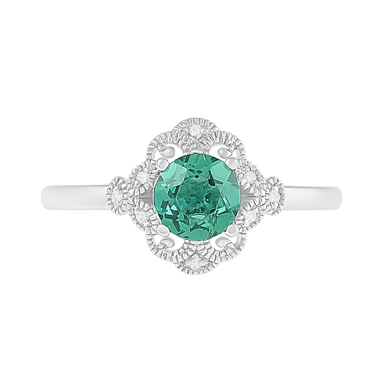 6.0mm Lab-Created Emerald and Diamond Accent Ornate Frame Vintage-Style Ring in Sterling Silver