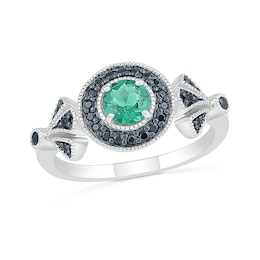 5.0mm Lab-Created Emerald and 0.146 CT. T.W. Black Enhanced Diamond Frame Vintage-Style Ring in Sterling Silver