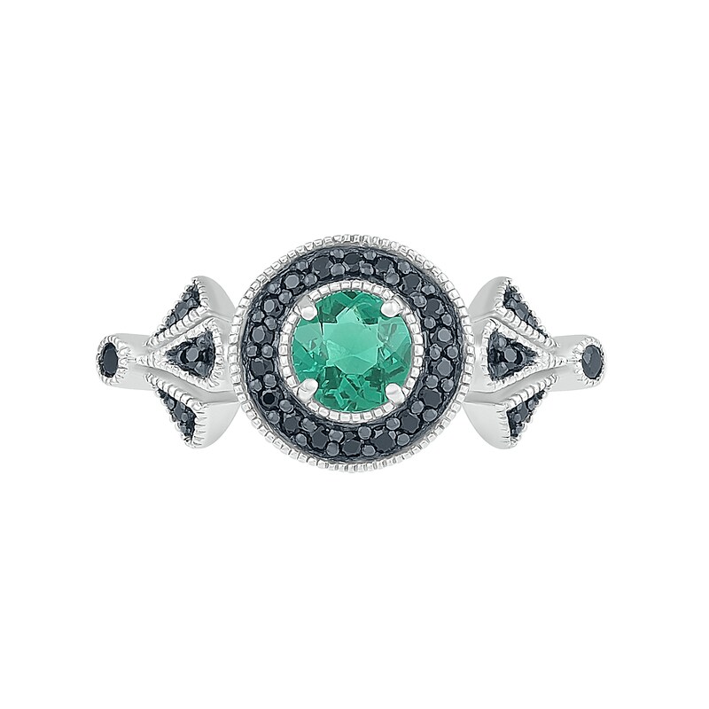 Main Image 3 of 5.0mm Lab-Created Emerald and 0.146 CT. T.W. Black Enhanced Diamond Frame Vintage-Style Ring in Sterling Silver