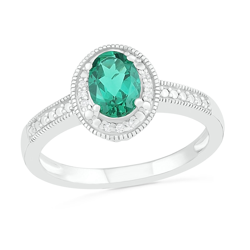 Oval Lab-Created Emerald and 0.04 CT. T.W. Diamond Beaded Frame Vintage-Style Ring in Sterling Silver