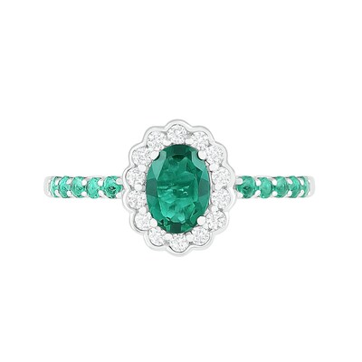 Oval Lab-Created Emerald and White Sapphire Scallop Frame Ring in Sterling Silver