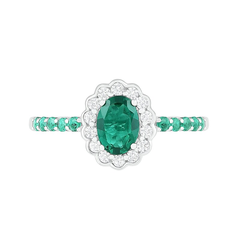 Main Image 3 of Oval Lab-Created Emerald and White Sapphire Scallop Frame Ring in Sterling Silver