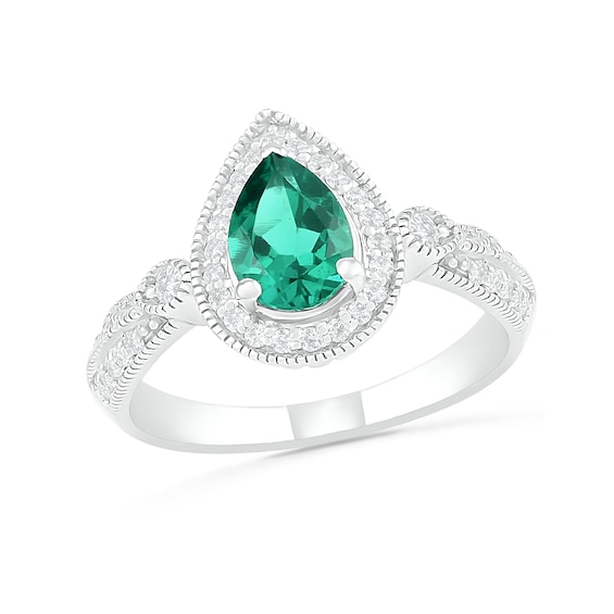 Pear-Shaped Lab-Created Emerald and White Sapphire Frame Double Row Tapered Shank Vintage-Style Ring in Sterling Silver