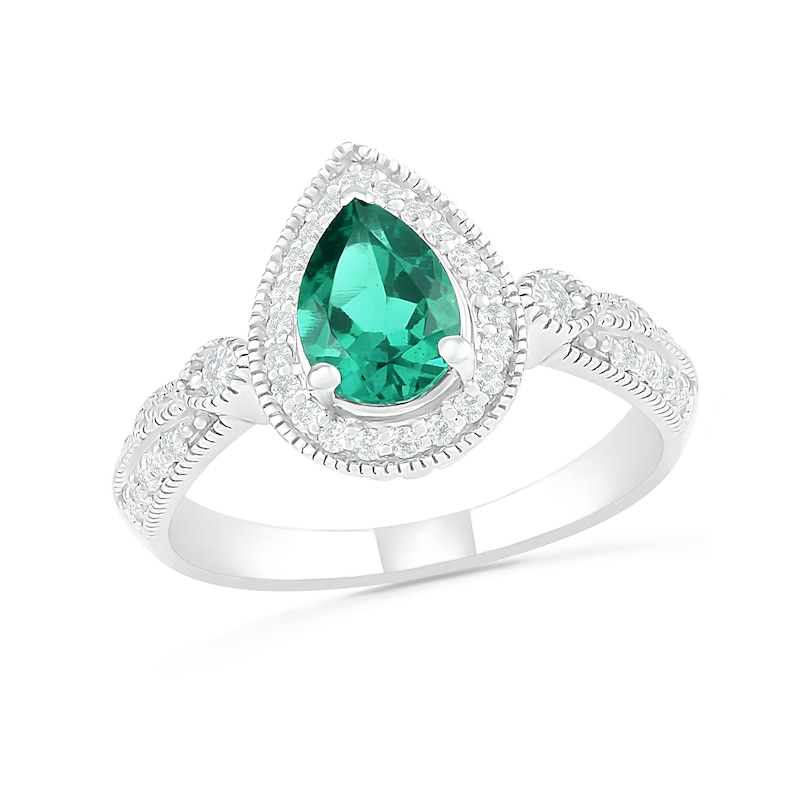 Pear-Shaped Lab-Created Emerald and White Sapphire Frame Double Row Tapered Shank Vintage-Style Ring in Sterling Silver