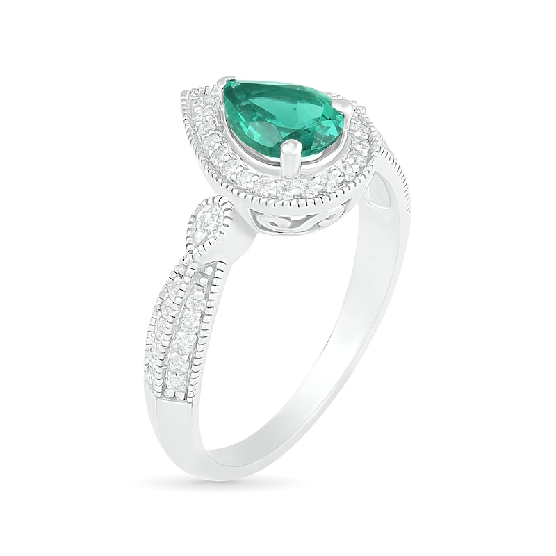 Main Image 2 of Pear-Shaped Lab-Created Emerald and White Sapphire Frame Double Row Tapered Shank Vintage-Style Ring in Sterling Silver