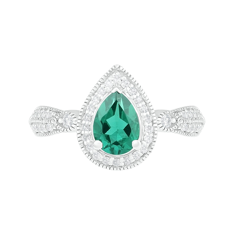 Main Image 3 of Pear-Shaped Lab-Created Emerald and White Sapphire Frame Double Row Tapered Shank Vintage-Style Ring in Sterling Silver