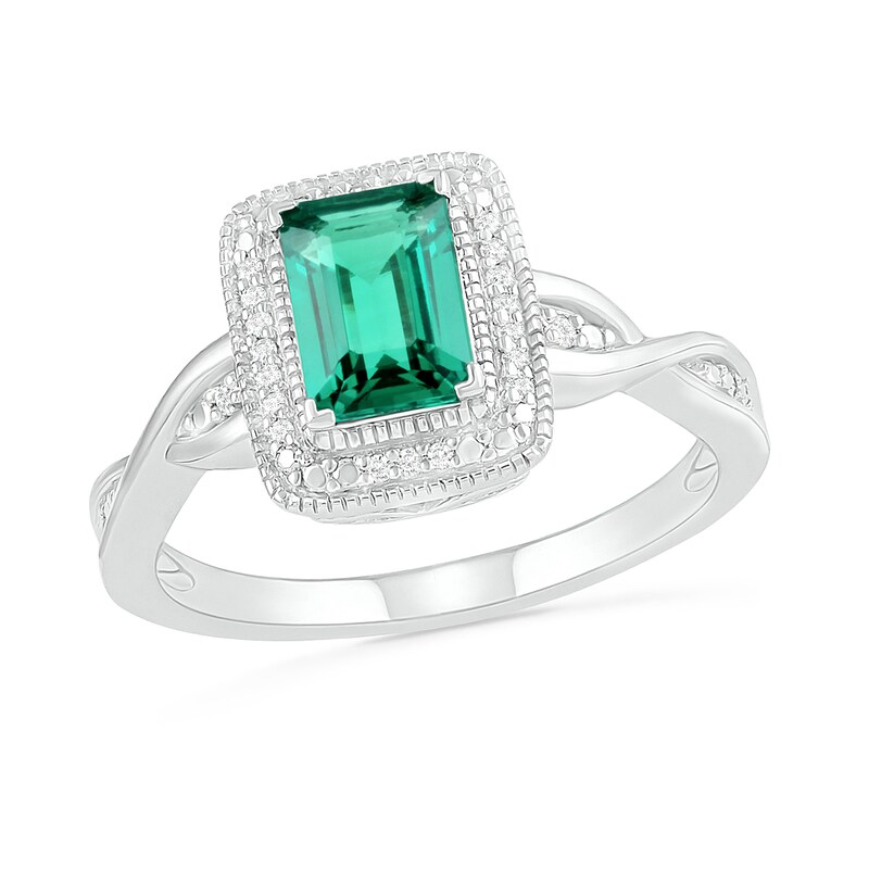 Emerald-Cut Lab-Created Emerald and 0.066 CT. T.W. Diamond Frame Twist Shank Vintage-Style Ring in Sterling Silver