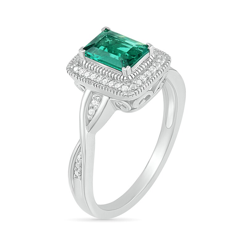 Emerald-Cut Lab-Created Emerald and 0.066 CT. T.W. Diamond Frame Twist Shank Vintage-Style Ring in Sterling Silver