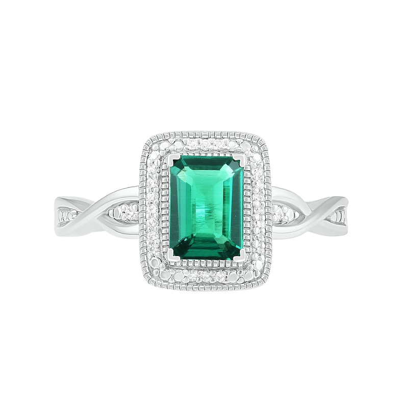 Emerald-Cut Lab-Created Emerald and 0.066 CT. T.W. Diamond Frame Twist Shank Vintage-Style Ring in Sterling Silver