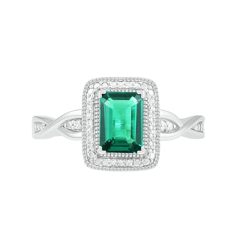 Main Image 3 of Emerald-Cut Lab-Created Emerald and 0.066 CT. T.W. Diamond Frame Twist Shank Vintage-Style Ring in Sterling Silver