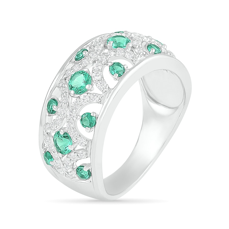 Lab-Created Emerald and White Sapphire Scallop Open Shank Ring in Sterling Silver