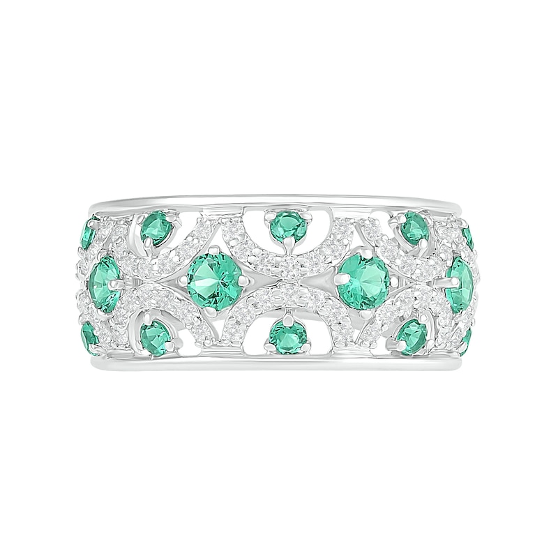 Lab-Created Emerald and White Sapphire Scallop Open Shank Ring in Sterling Silver