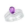 Thumbnail Image 0 of Oval Amethyst and White Lab-Created Sapphire Bypass Bridal Set in Sterling Silver