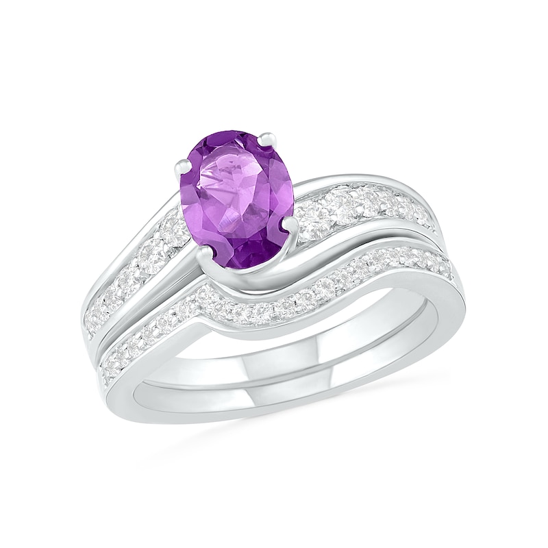 Oval Amethyst and White Lab-Created Sapphire Bypass Bridal Set in Sterling Silver