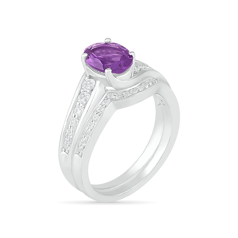 Main Image 2 of Oval Amethyst and White Lab-Created Sapphire Bypass Bridal Set in Sterling Silver