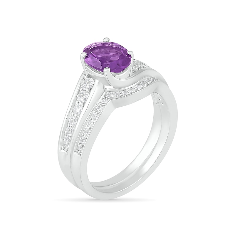 Oval Amethyst and White Lab-Created Sapphire Bypass Bridal Set in Sterling Silver