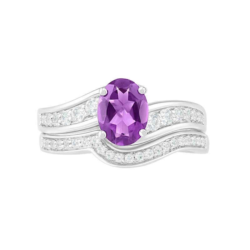 Main Image 3 of Oval Amethyst and White Lab-Created Sapphire Bypass Bridal Set in Sterling Silver