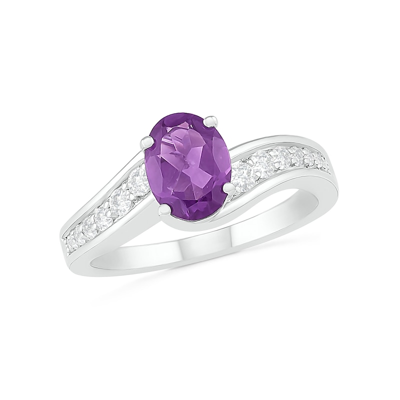 Oval Amethyst and White Lab-Created Sapphire Bypass Bridal Set in Sterling Silver