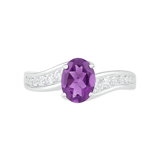 Oval Amethyst and White Lab-Created Sapphire Bypass Bridal Set in Sterling Silver