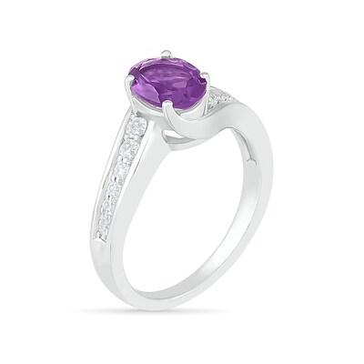Oval Amethyst and White Lab-Created Sapphire Bypass Bridal Set in Sterling Silver