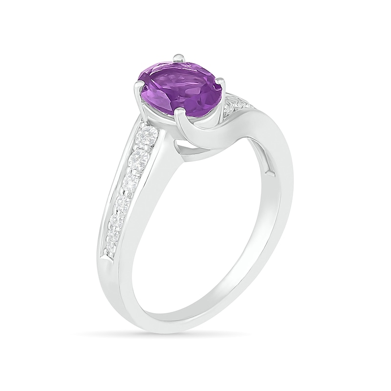Main Image 6 of Oval Amethyst and White Lab-Created Sapphire Bypass Bridal Set in Sterling Silver