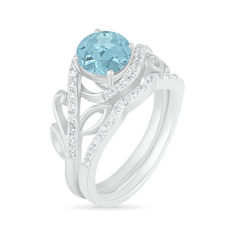 Main Image 2 of 7.0mm Aquamarine and 0.37 CT. T.W. Diamond Bypass Leaf Shank Bridal Set in 10K White Gold