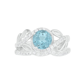 7.0mm Aquamarine and 0.37 CT. T.W. Diamond Bypass Leaf Shank Bridal Set in 10K White Gold
