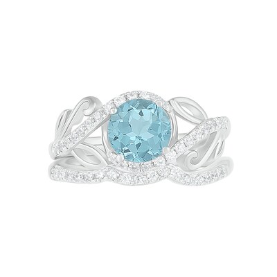 7.0mm Aquamarine and 0.37 CT. T.W. Diamond Bypass Leaf Shank Bridal Set in 10K White Gold